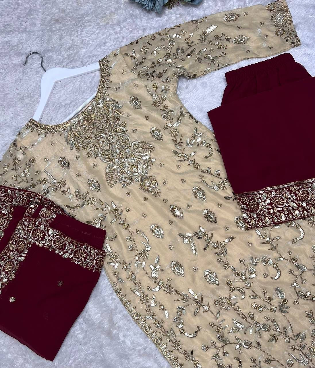 Regal Contrast Series: Embroidered Beige & Maroon Designer 3-Piece Set