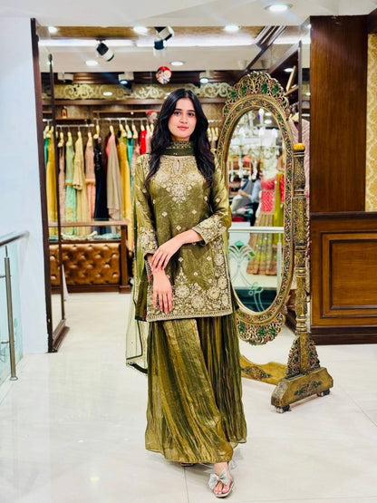 The Verdant Edit: Mehendi Green Fendy Silk Palazzo Set with Hand-Moti & Mirror Work