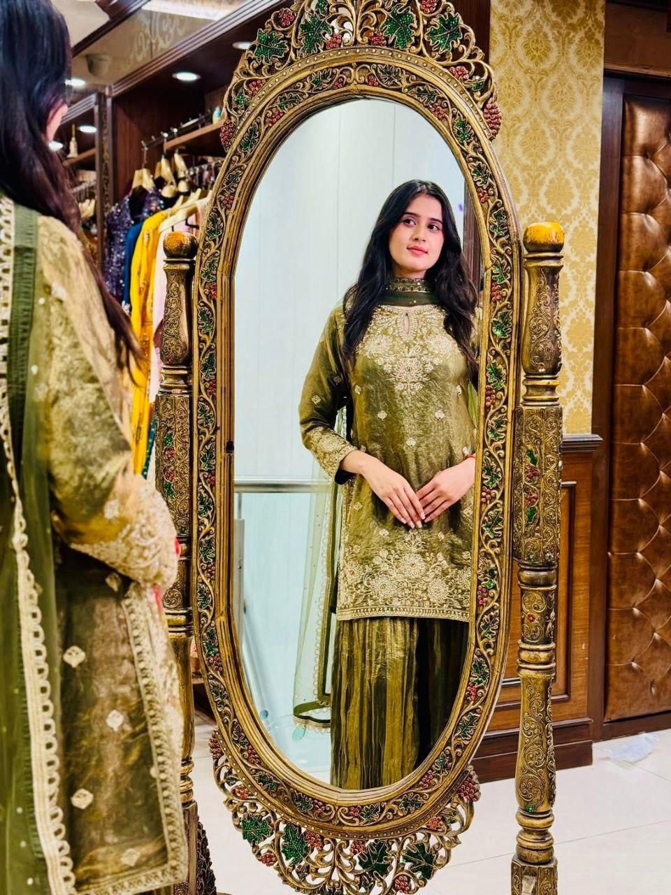 The Verdant Edit: Mehendi Green Fendy Silk Palazzo Set with Hand-Moti & Mirror Work