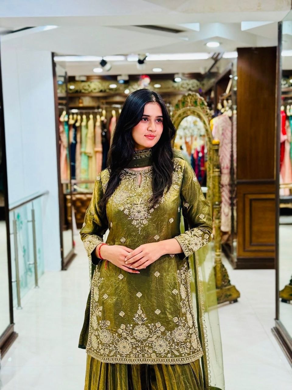 The Verdant Edit: Mehendi Green Fendy Silk Palazzo Set with Hand-Moti & Mirror Work