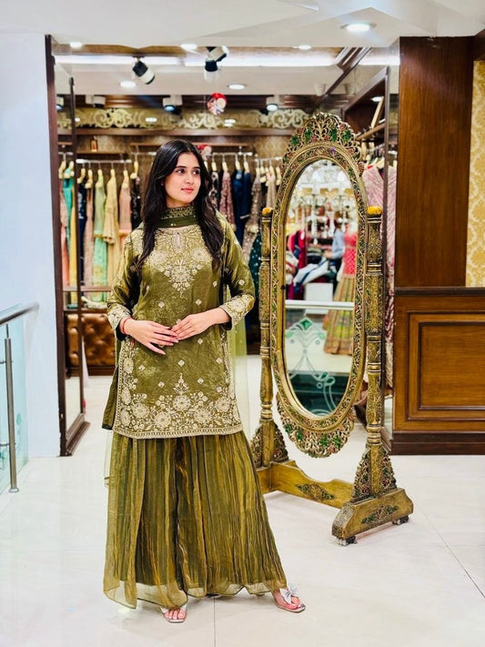 The Verdant Edit: Mehendi Green Fendy Silk Palazzo Set with Hand-Moti & Mirror Work