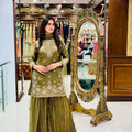 The Verdant Edit: Mehendi Green Fendy Silk Palazzo Set with Hand-Moti & Mirror Work