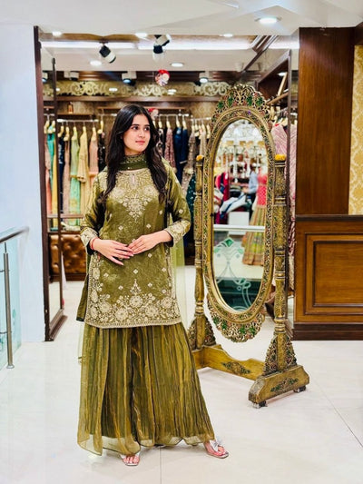 The Verdant Edit: Mehendi Green Fendy Silk Palazzo Set with Hand-Moti & Mirror Work