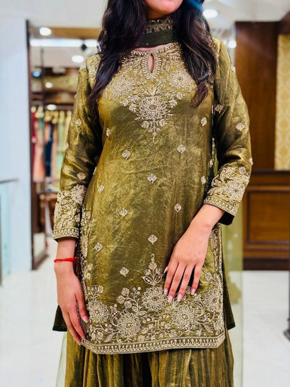 The Verdant Edit: Mehendi Green Fendy Silk Palazzo Set with Hand-Moti & Mirror Work