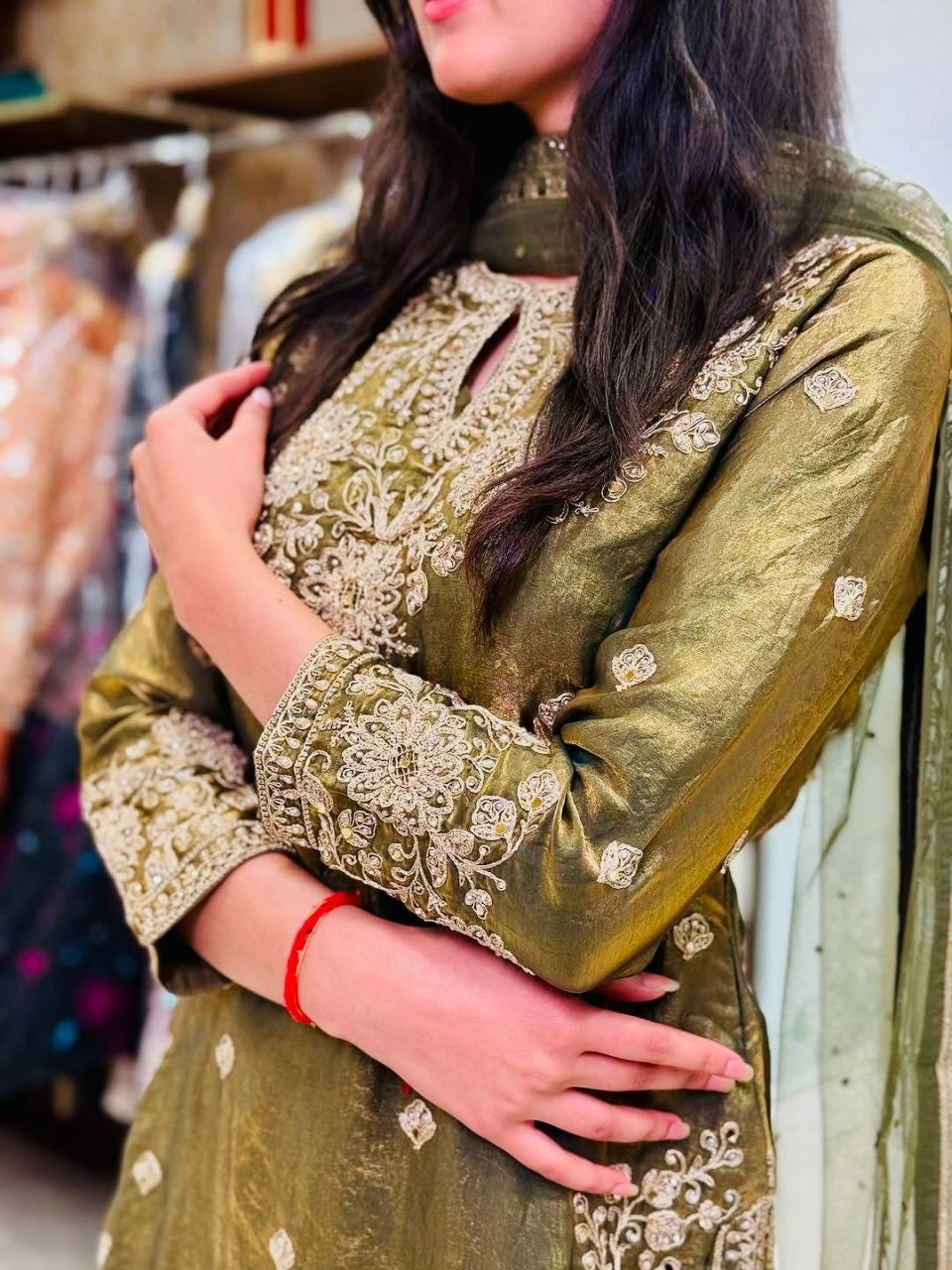 The Verdant Edit: Mehendi Green Fendy Silk Palazzo Set with Hand-Moti & Mirror Work
