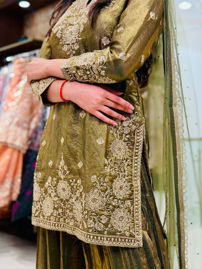 The Verdant Edit: Mehendi Green Fendy Silk Palazzo Set with Hand-Moti & Mirror Work
