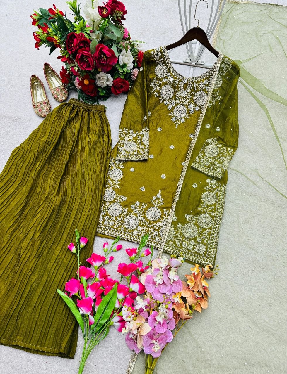 The Verdant Edit: Mehendi Green Fendy Silk Palazzo Set with Hand-Moti & Mirror Work