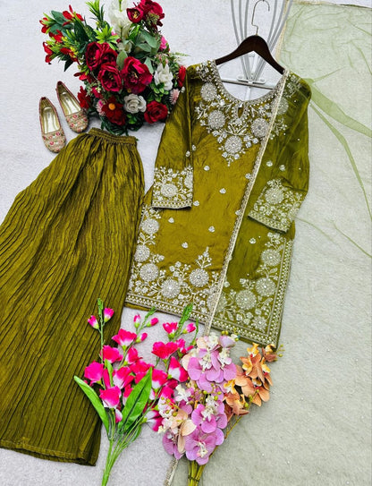 The Verdant Edit: Mehendi Green Fendy Silk Palazzo Set with Hand-Moti & Mirror Work