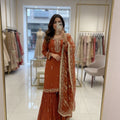 Designer Burnt Orange Sharara Suit – Rivet Moti & Sequence Embellished Ensemble