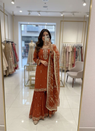 Designer Burnt Orange Sharara Suit – Rivet Moti & Sequence Embellished Ensemble