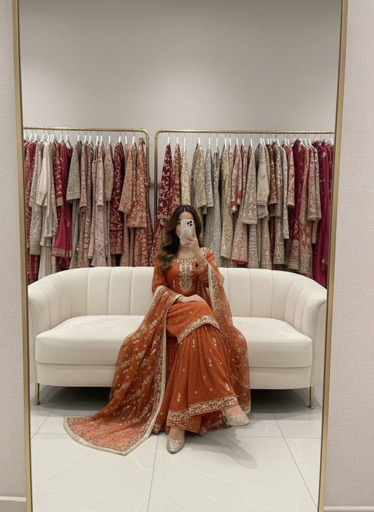 Designer Burnt Orange Sharara Suit – Rivet Moti & Sequence Embellished Ensemble