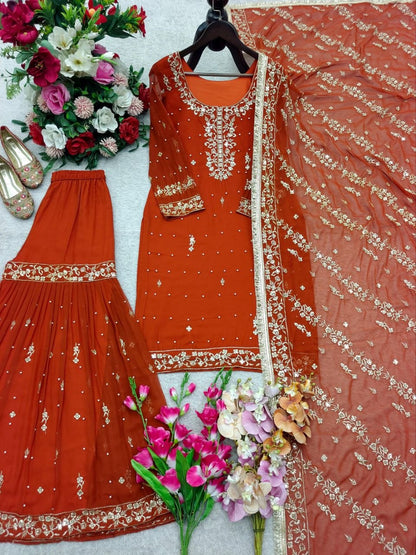 Designer Burnt Orange Sharara Suit – Rivet Moti & Sequence Embellished Ensemble