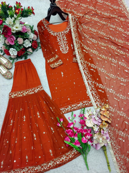 Designer Burnt Orange Sharara Suit – Rivet Moti & Sequence Embellished Ensemble