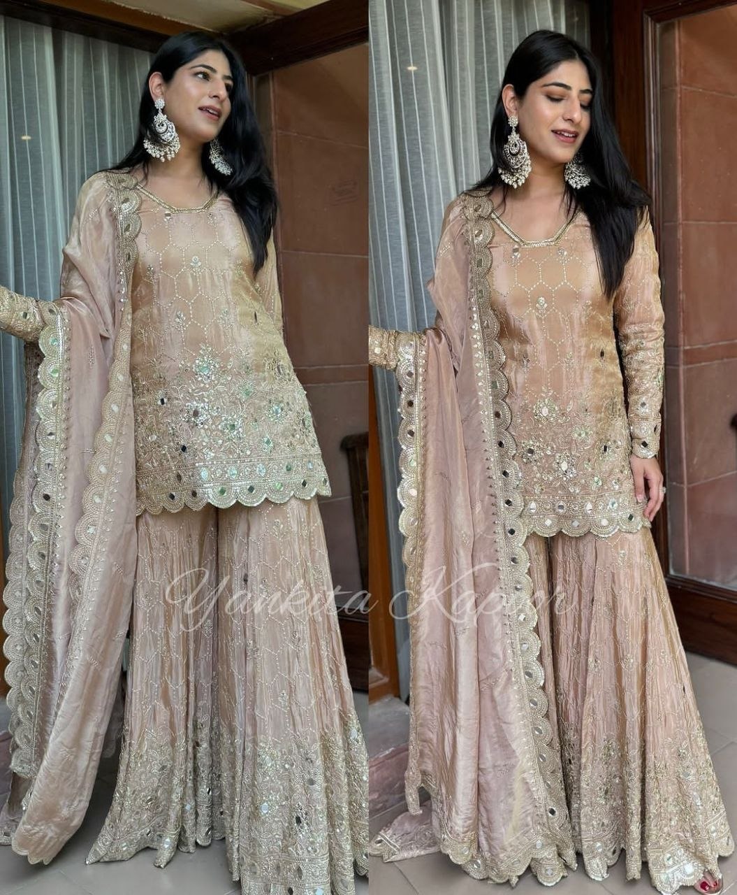 Royal Chinnon Silk Farshi Sharara Suit Heavy Sequence & Hand-Embellished Mirror Work