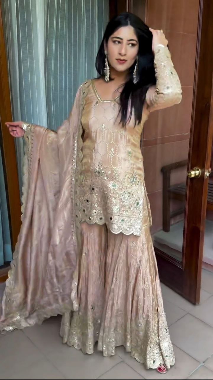 Royal Chinnon Silk Farshi Sharara Suit Heavy Sequence & Hand-Embellished Mirror Work