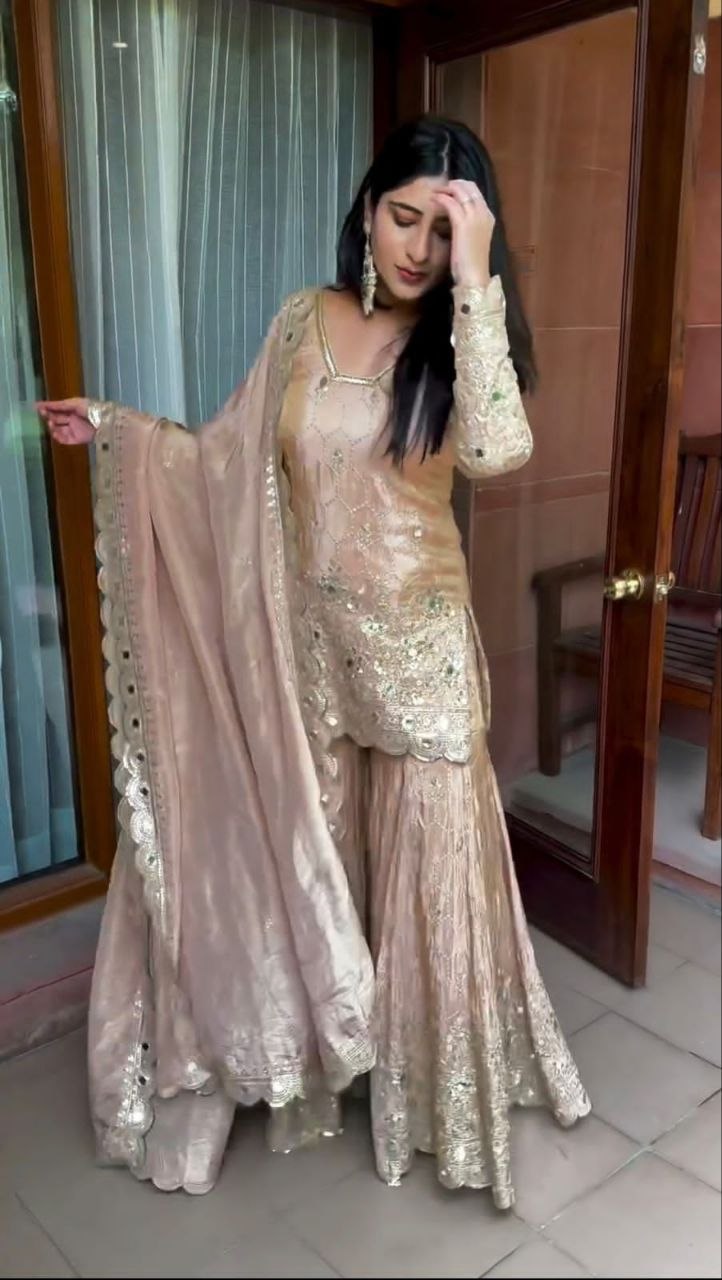 Royal Chinnon Silk Farshi Sharara Suit Heavy Sequence & Hand-Embellished Mirror Work