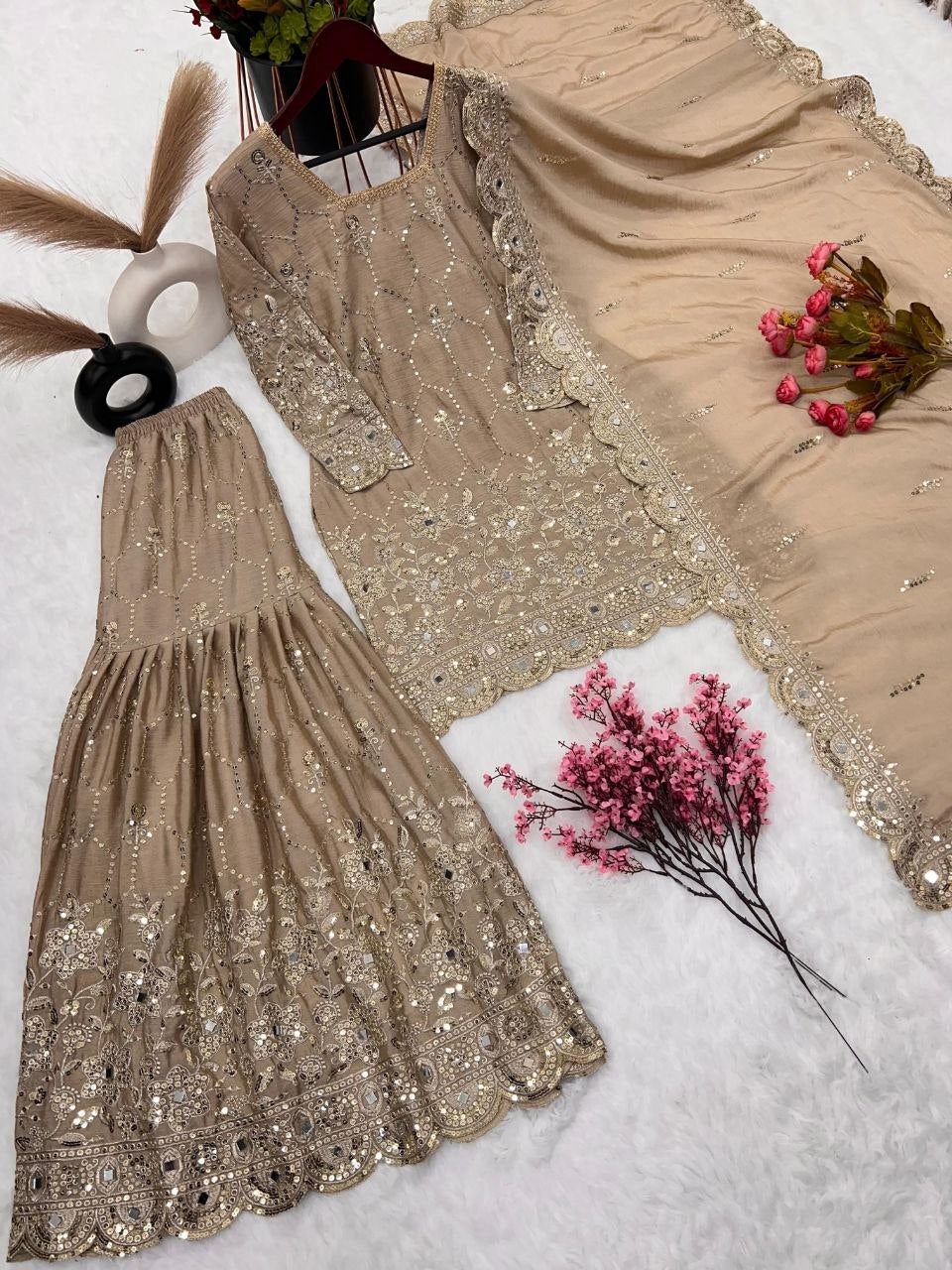 Royal Chinnon Silk Farshi Sharara Suit Heavy Sequence & Hand-Embellished Mirror Work