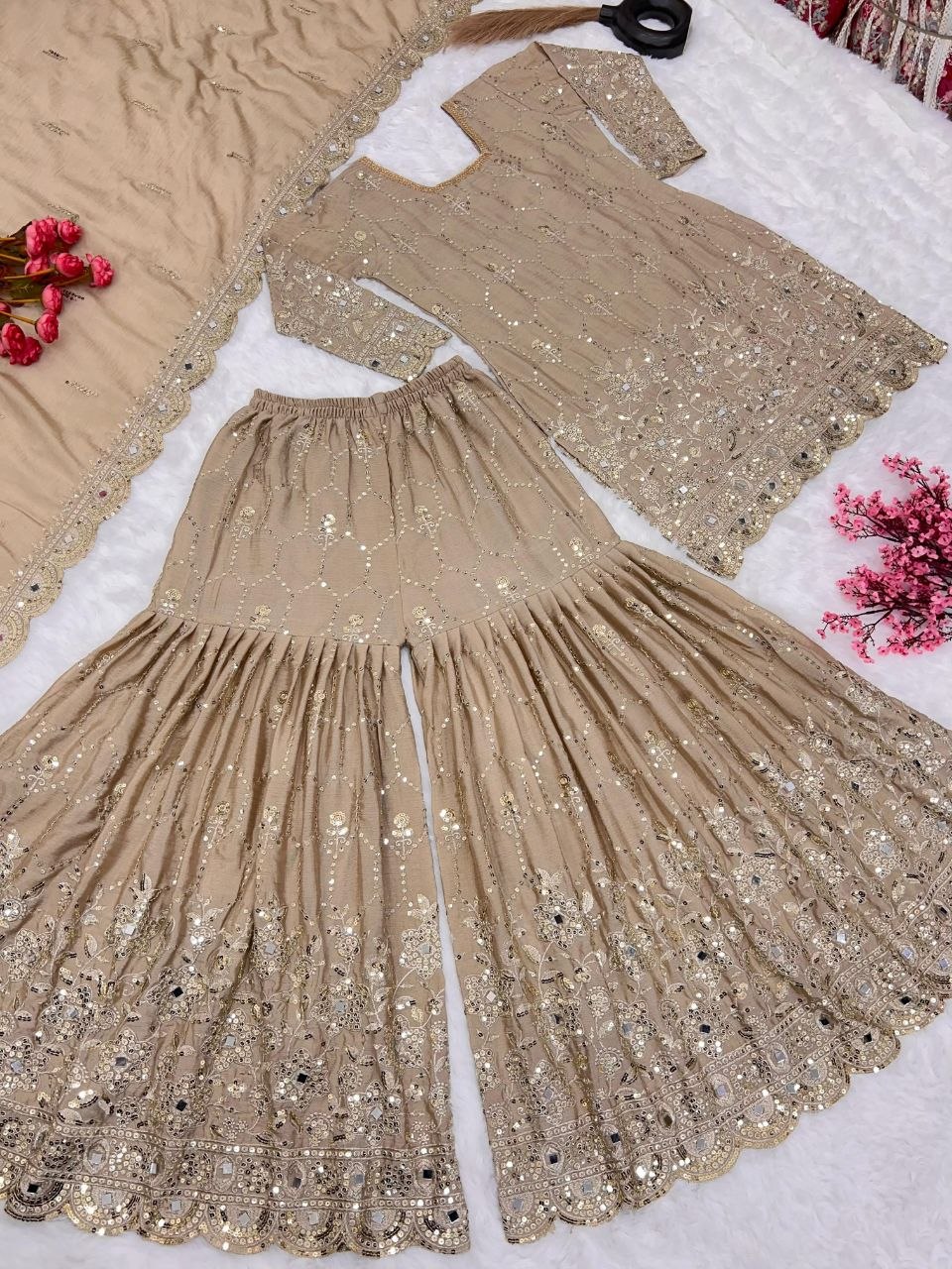 Royal Chinnon Silk Farshi Sharara Suit Heavy Sequence & Hand-Embellished Mirror Work