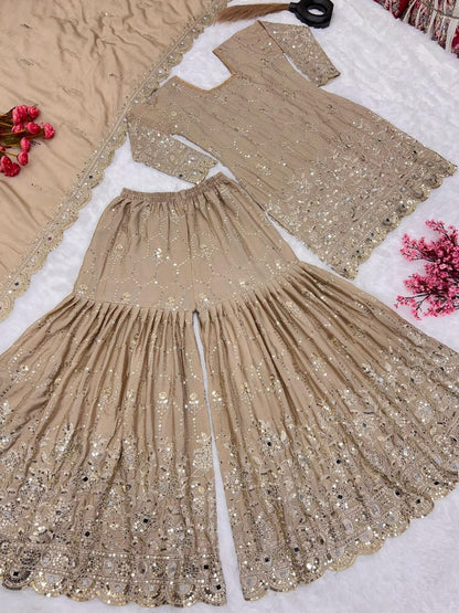 Royal Chinnon Silk Farshi Sharara Suit Heavy Sequence & Hand-Embellished Mirror Work