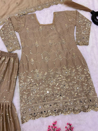 Royal Chinnon Silk Farshi Sharara Suit Heavy Sequence & Hand-Embellished Mirror Work