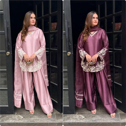 Soft Baby Pink Regal Farshi Silhouette: Designer Crepe Silk & Sequins Set