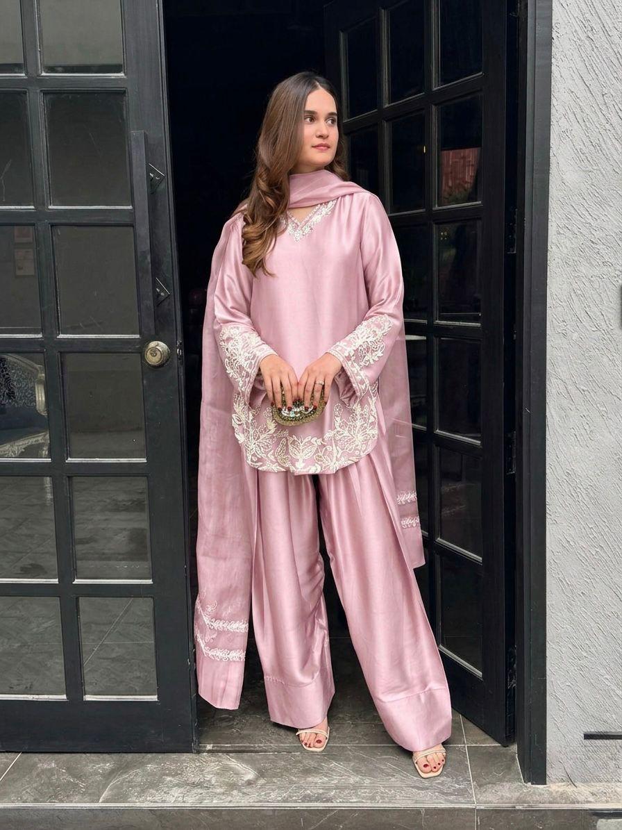 Soft Baby Pink Regal Farshi Silhouette: Designer Crepe Silk & Sequins Set