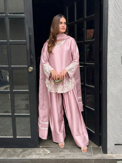 Soft Baby Pink Regal Farshi Silhouette: Designer Crepe Silk & Sequins Set