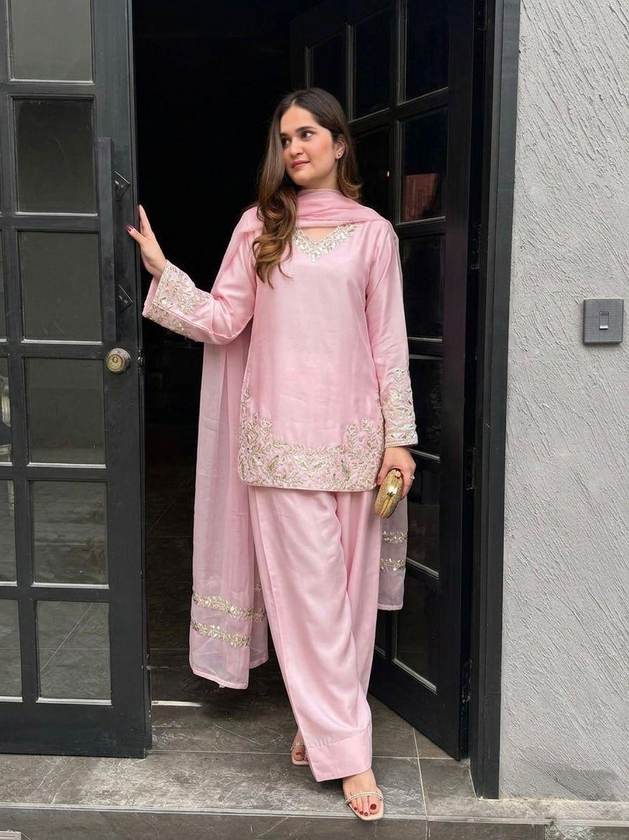 Soft Baby Pink Regal Farshi Silhouette: Designer Crepe Silk & Sequins Set