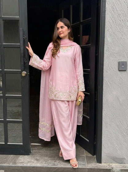 Soft Baby Pink Regal Farshi Silhouette: Designer Crepe Silk & Sequins Set