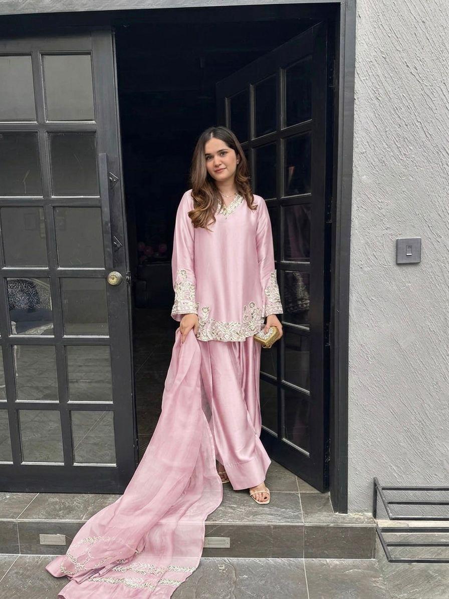 Soft Baby Pink Regal Farshi Silhouette: Designer Crepe Silk & Sequins Set