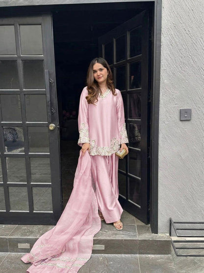 Soft Baby Pink Regal Farshi Silhouette: Designer Crepe Silk & Sequins Set