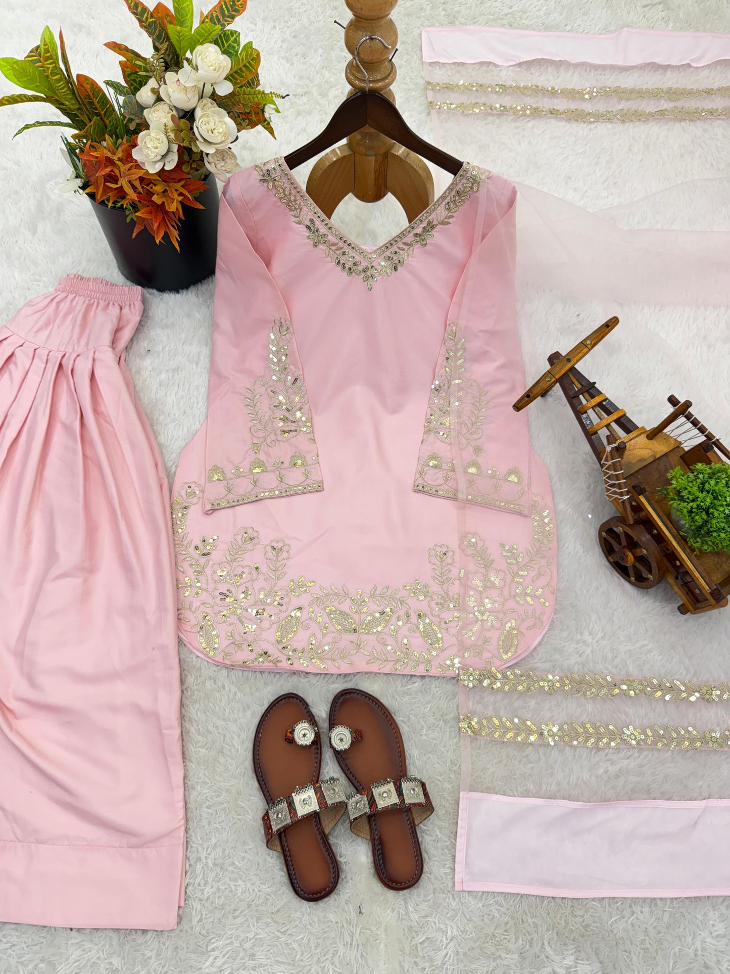 Soft Baby Pink Regal Farshi Silhouette: Designer Crepe Silk & Sequins Set