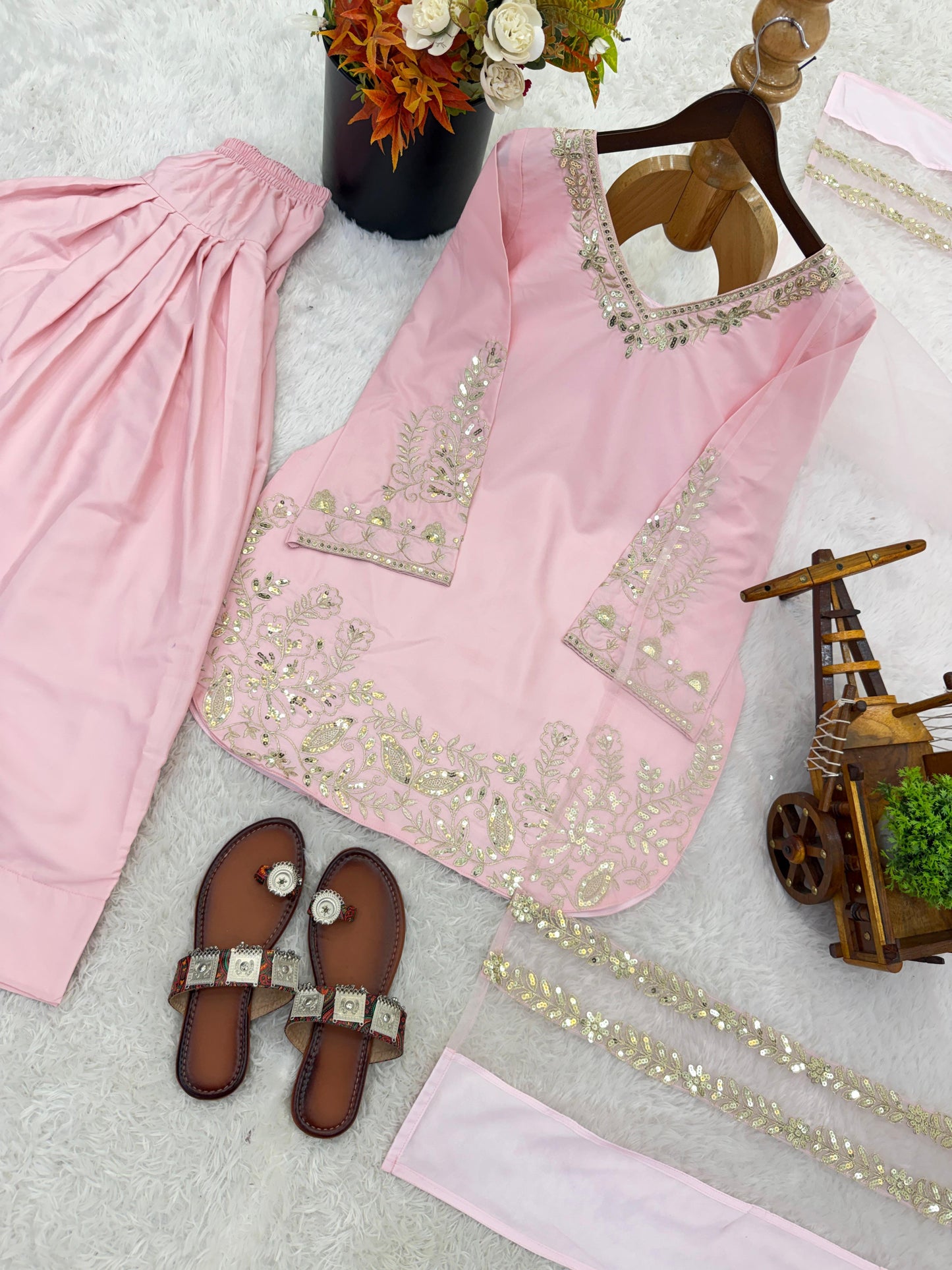 Soft Baby Pink Regal Farshi Silhouette: Designer Crepe Silk & Sequins Set