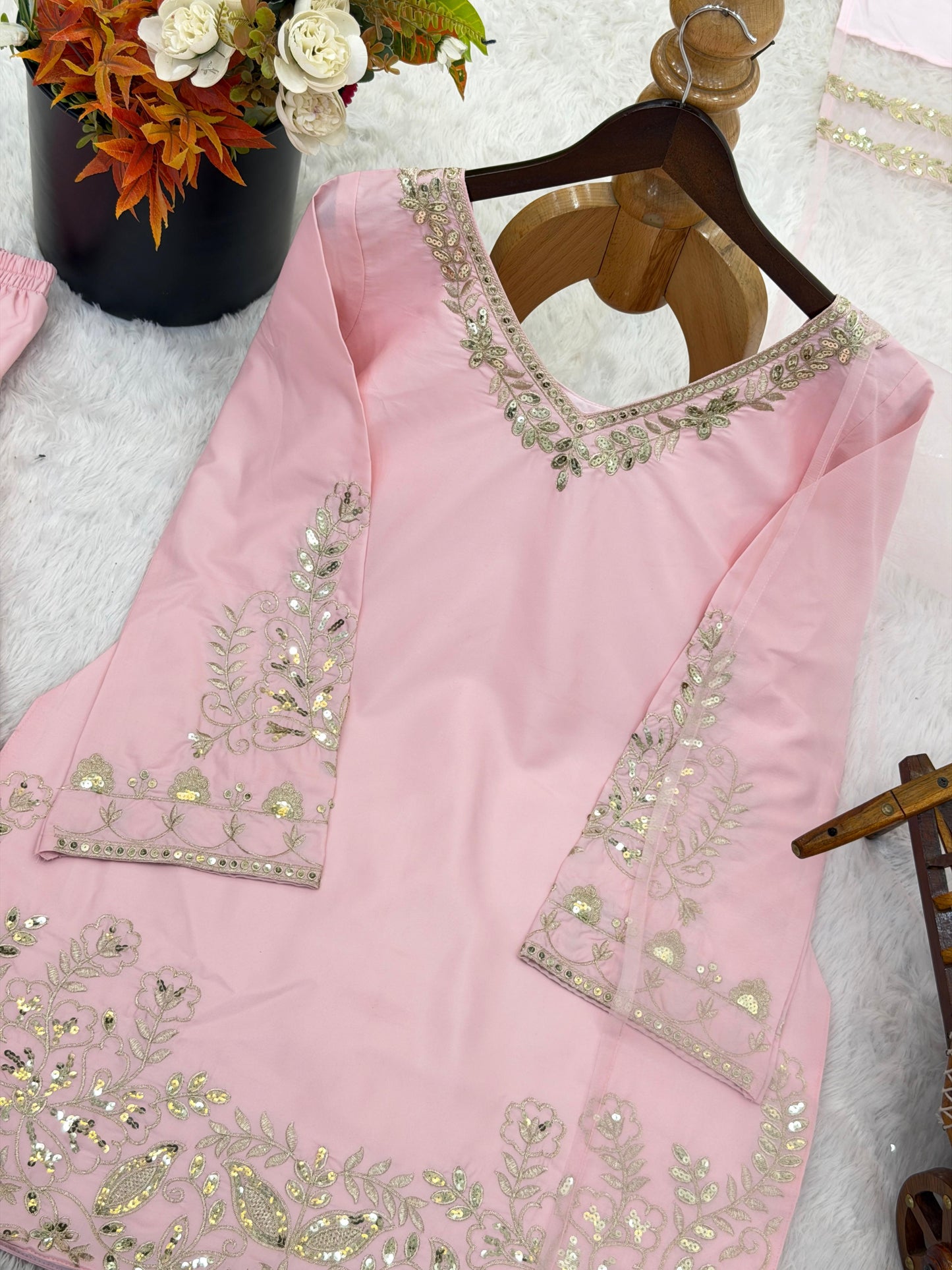 Soft Baby Pink Regal Farshi Silhouette: Designer Crepe Silk & Sequins Set