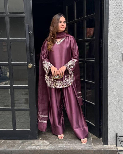 Dusty Pink Regal Farshi Silhouette: Designer Crepe Silk & Sequins Set