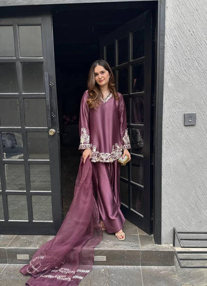 Dusty Pink Regal Farshi Silhouette: Designer Crepe Silk & Sequins Set