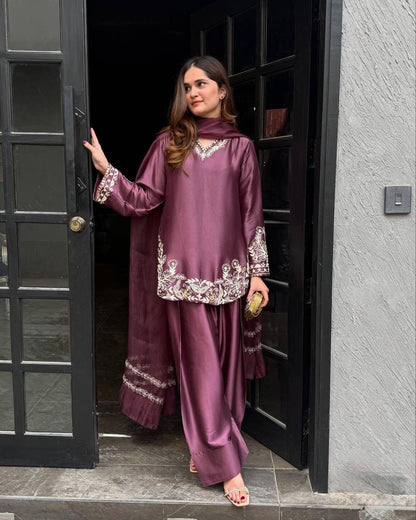 Dusty Pink Regal Farshi Silhouette: Designer Crepe Silk & Sequins Set