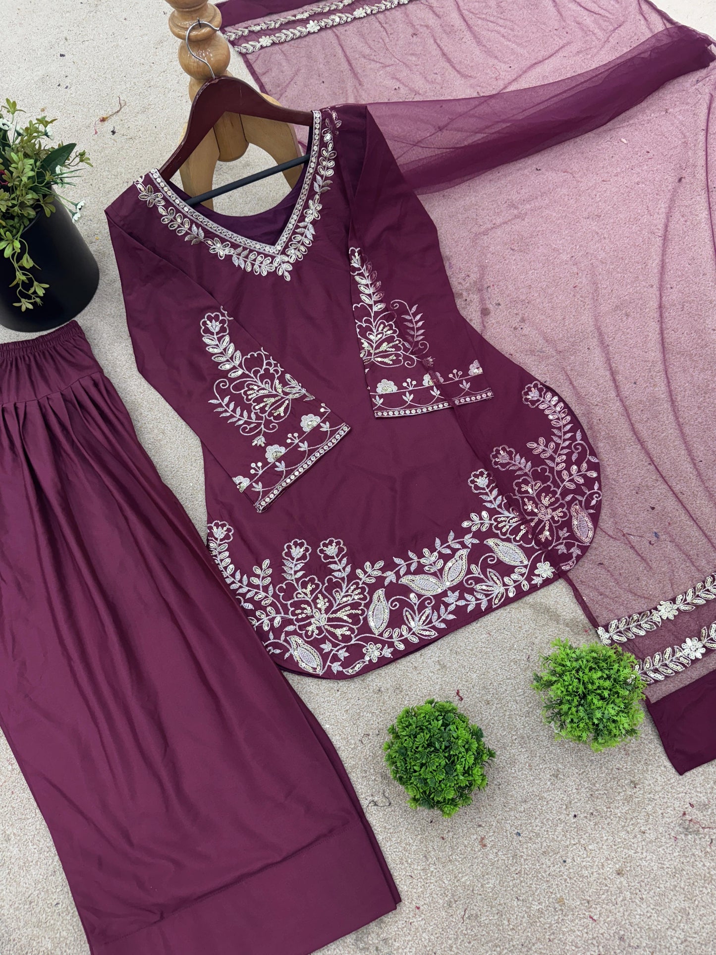 Dusty Pink Regal Farshi Silhouette: Designer Crepe Silk & Sequins Set