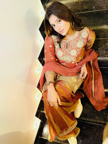 Designer Burnt Orange Festive Suite Heavy Silk & Sequins Work