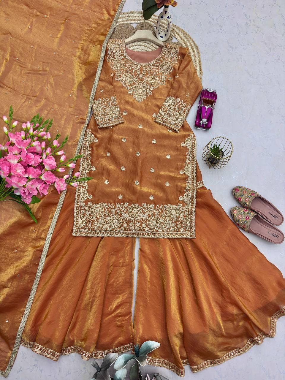 Designer Burnt Orange Festive Suite Heavy Silk & Sequins Work