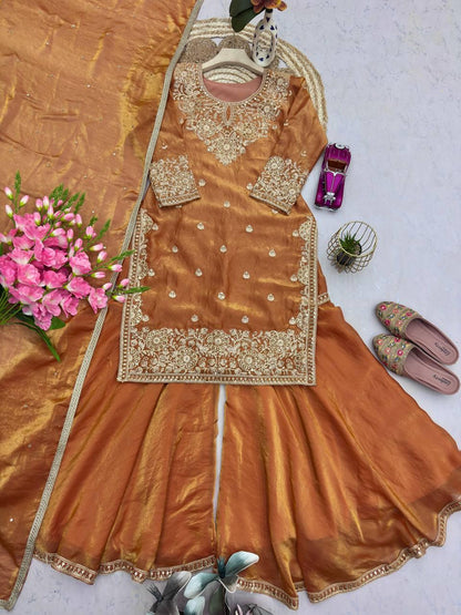 Designer Burnt Orange Festive Suite Heavy Silk & Sequins Work