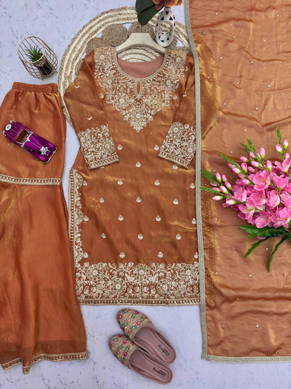 Designer Burnt Orange Festive Suite Heavy Silk & Sequins Work