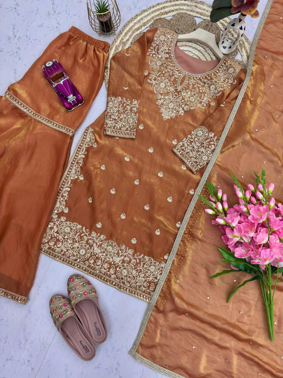 Designer Burnt Orange Festive Suite Heavy Silk & Sequins Work