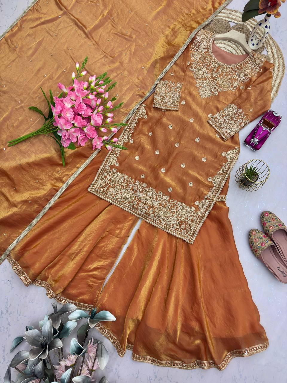 Designer Burnt Orange Festive Suite Heavy Silk & Sequins Work