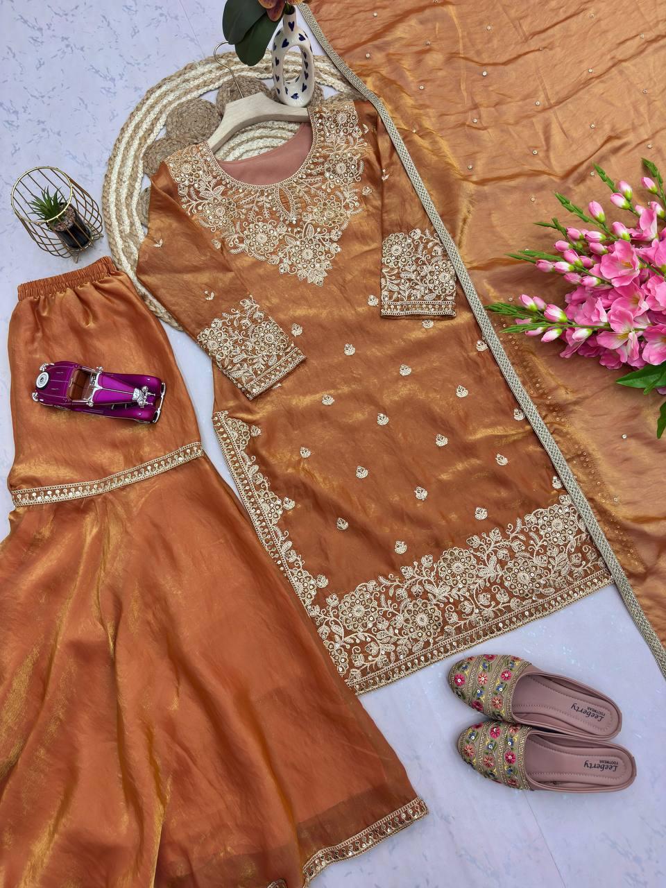Designer Burnt Orange Festive Suite Heavy Silk & Sequins Work