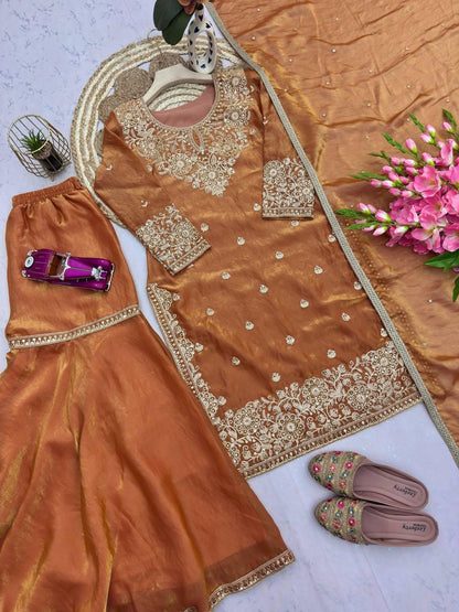 Designer Burnt Orange Festive Suite Heavy Silk & Sequins Work