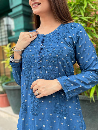 Blue Handcrafted Chikankari Chanderi Silk Co-ord Set