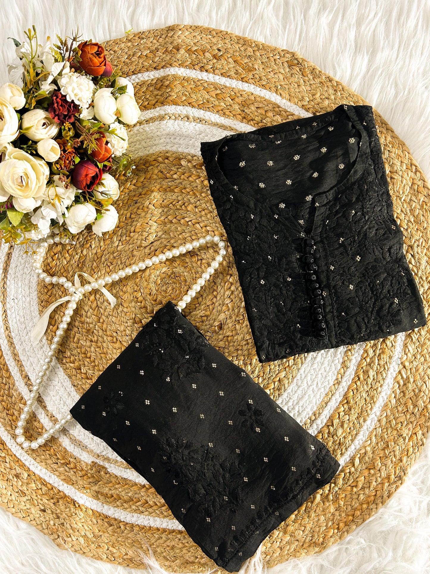 Black Handcrafted Chikankari Chanderi Silk Co-ord Set