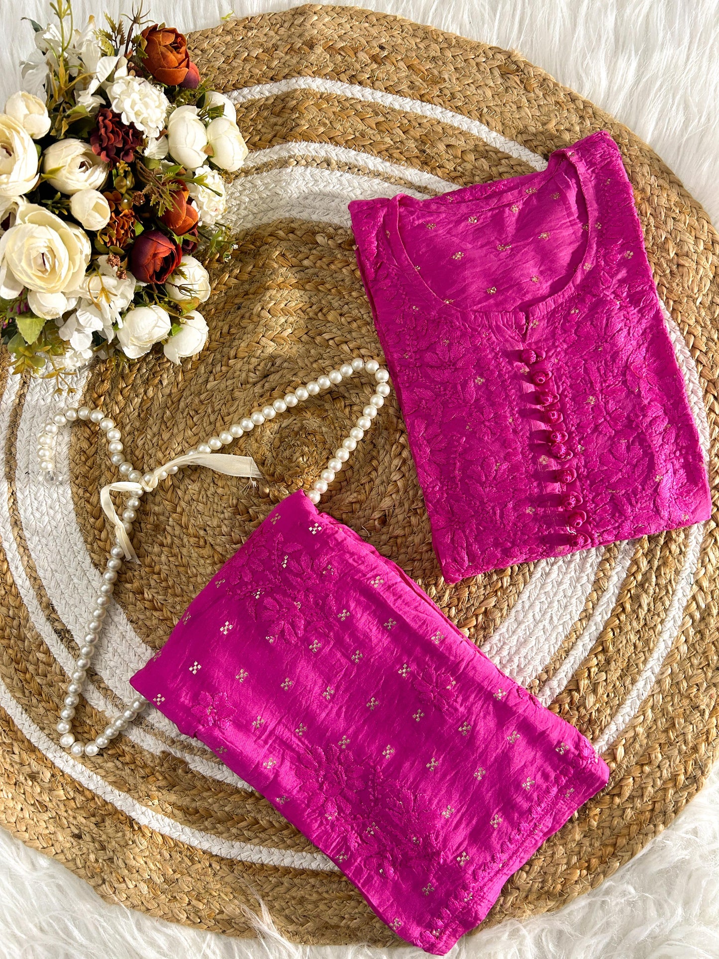 Pink Handcrafted Chikankari Chanderi Silk Co-ord Set