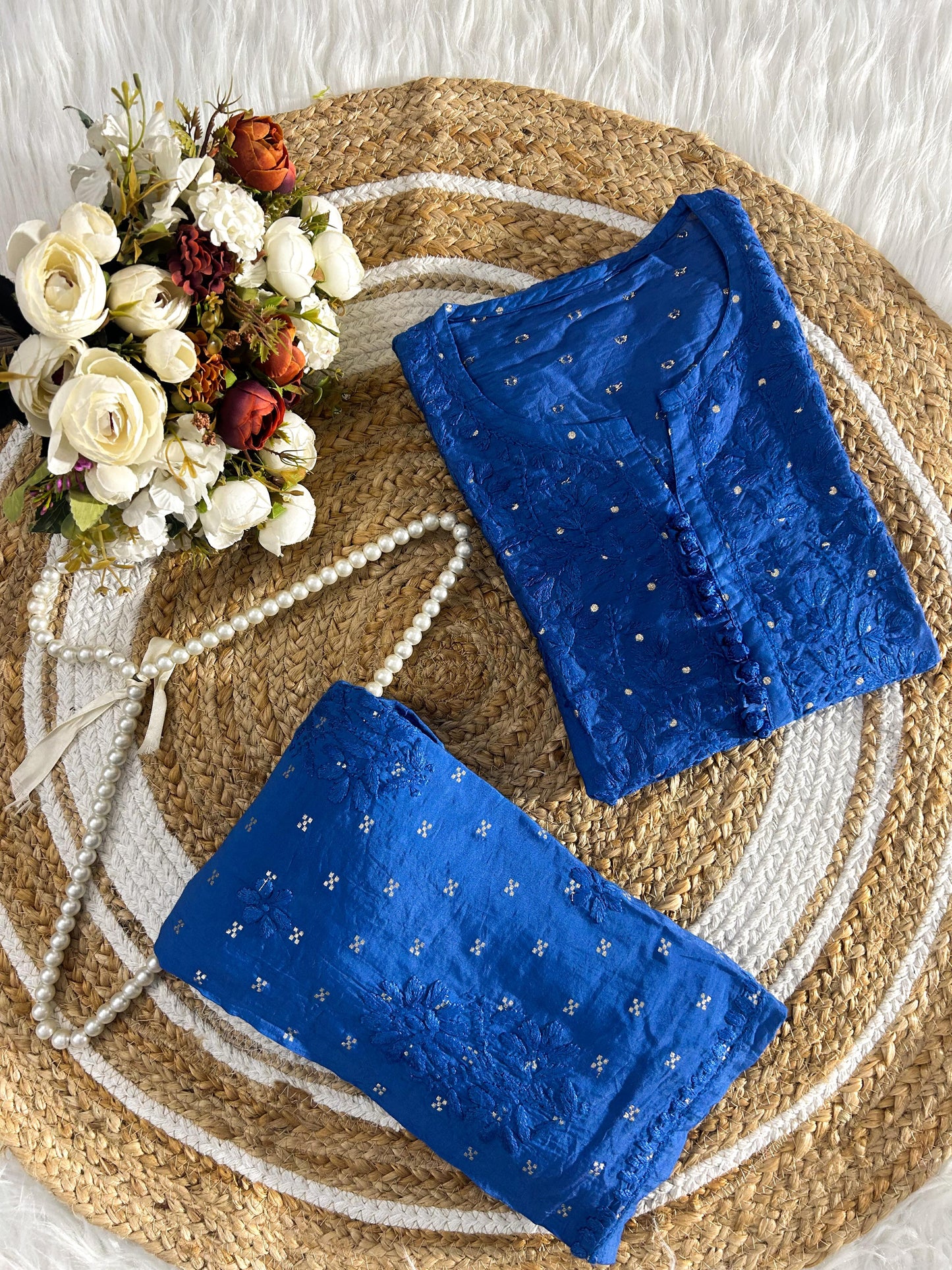 Blue Handcrafted Chikankari Chanderi Silk Co-ord Set